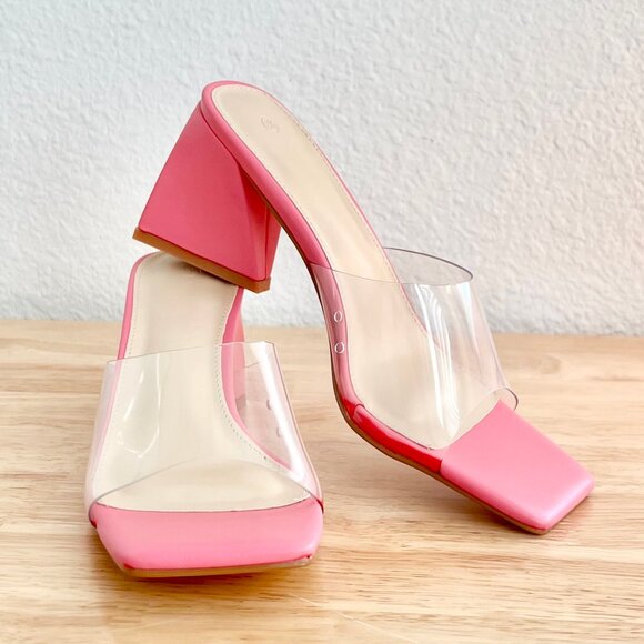 Women's 8.5 Hot Pink/Clear Block Heel Square Toe Mule Slide Summer Sandals - Picture 9 of 11
